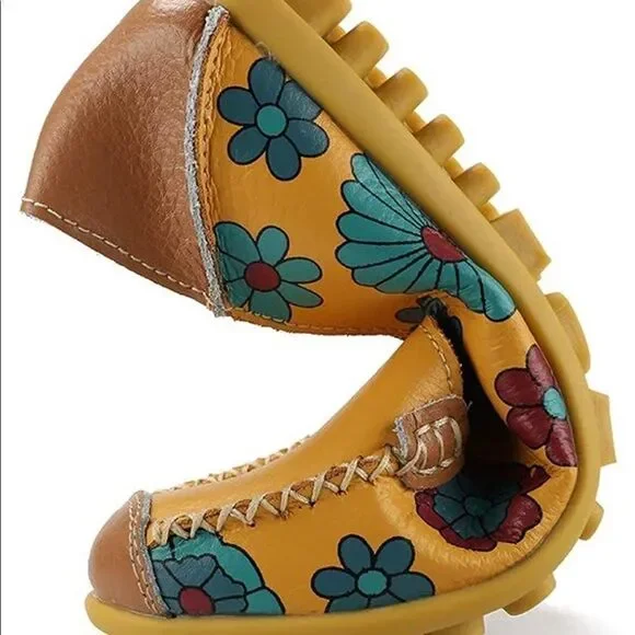 WOMEN’S Comfortable Leather Floral Print Loafers - Picture 6 of 6